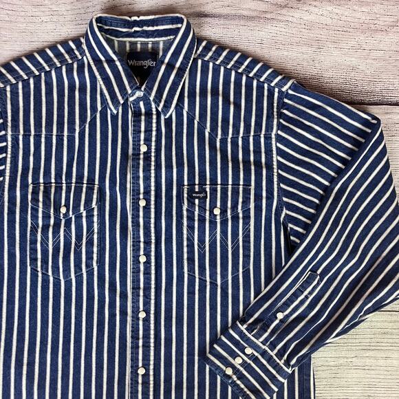 Vintage 1990s Wrangler Brushpopper Pinstripe Denim Pearl Snap Shirt - Picture 1 of 8